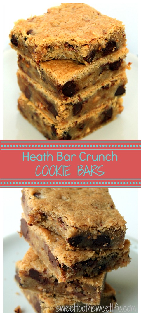 Heath Bar Crunch Cookie Bars are buttery and gooey with the added sweet crunch of Heath bits. They're a MUST make!
