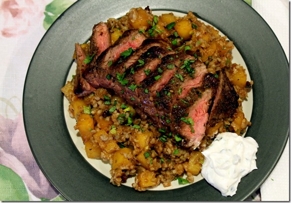 Za’atar Spiced Steak with Rutabaga-Barberry Tabbouleh & Labneh Cheese