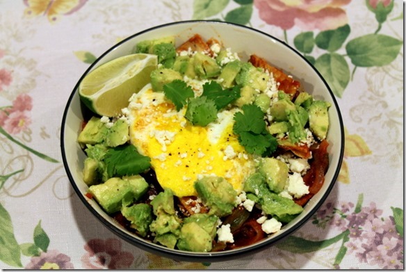 Roasted Poblano Chilaquiles with Sunny Side-Up Eggs and Avocado