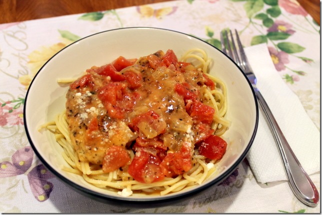 Herbed Chicken & Tomatoes served over spaghetti