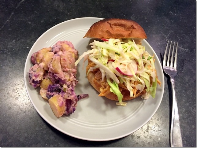 Pulled BBQ Chicken Sandwiches with Fingerling Potato Salad & Creamy Coleslaw 
