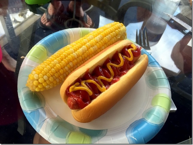 hot dog and corn on the cob