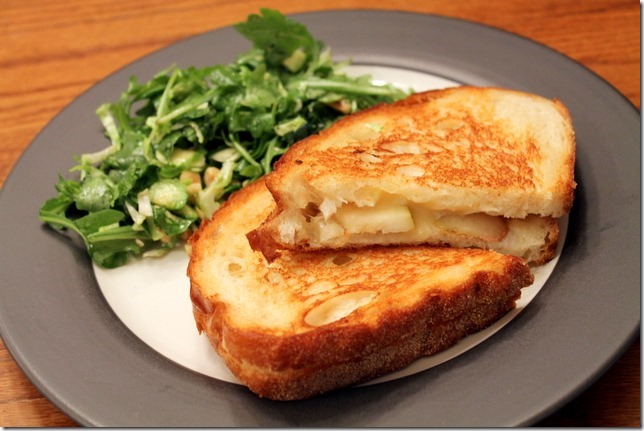 Brie & Pear Grilled Cheese Sandwiches with Arugula and Brussels Sprout Salad