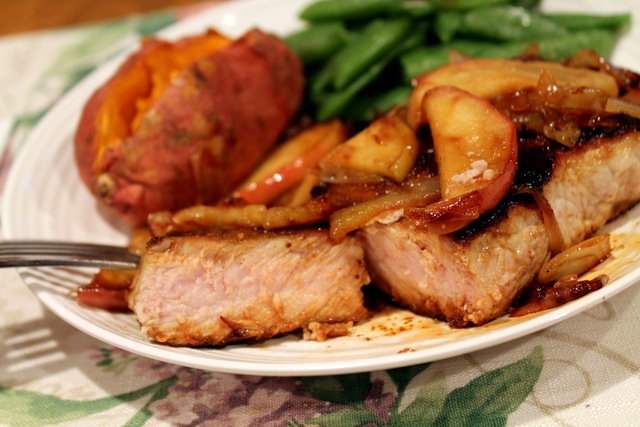 Skillet Spiced Pork Chops with Sauteed Apples and Onions