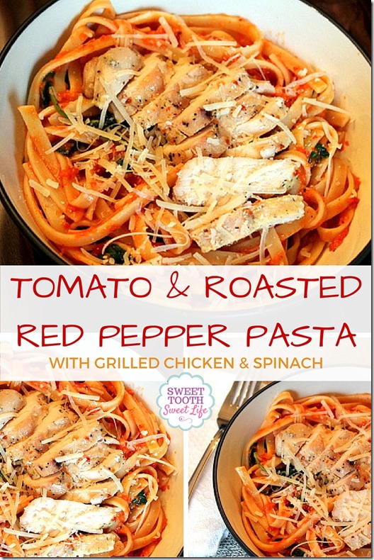Tomato and Roasted Red Pepper Pasta with Grilled Chicken and Spinach
